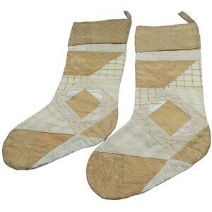 Handmade Christmas Stockings Patchwork Silk & Cotton  2-Pack Beige, Gold & Cream
